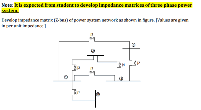 Note: It is expected from student to develop impedance matrices ofthree phase power
system.
Develop impedance matrix (Z-bus) of power system network as shown in figure. [Values are given
in per unit impedance.]
j3
000
j2
14
12
j3
[000
