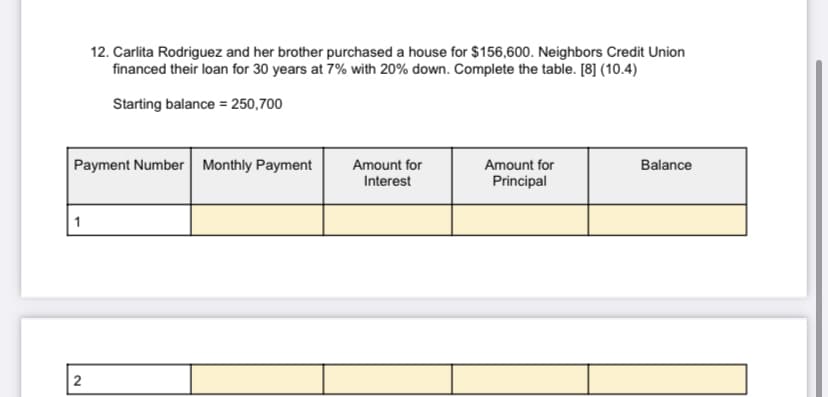 12. Carlita Rodriguez and her brother purchased a house for $156,600. Neighbors Credit Union
financed their loan for 30 years at 7% with 20% down. Complete the table. [8] (10.4)
Starting balance = 250,700
Payment Number Monthly Payment
Amount for
Amount for
Balance
Interest
Principal
1
2
