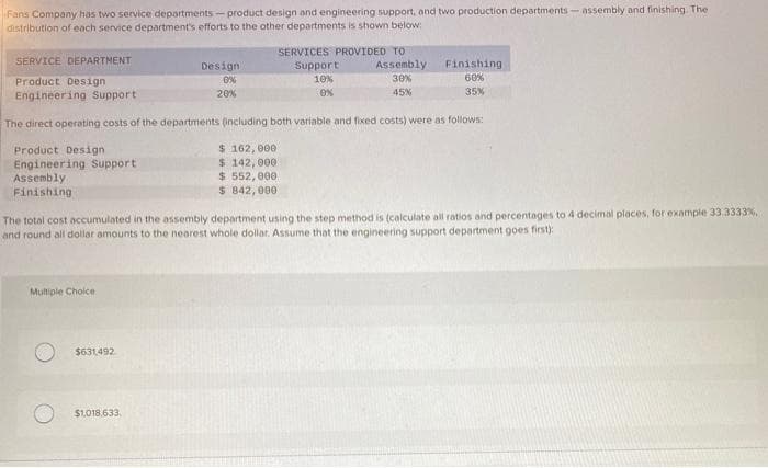 Fans Company has two service departments-product design and engineering support, and two production departments-assembly and finishing. The
distribution of each service department's efforts to the other departments is shown below:
SERVICE DEPARTMENT
Product Design
Engineering Support
The direct operating costs of the departments (including both variable and fixed costs) were as follows:
Product Design
Engineering Support
Assembly
Finishing
Multiple Choice
$631,492
Design
0%
20%
$1,018.633.
SERVICES PROVIDED TO
$ 162,000
$ 142,000
$ 552,000
$ 842,000
Support
10%
0%
The total cost accumulated in the assembly department using the step method is (calculate all ratios and percentages to 4 decimal places, for example 33.3333%,
and round all dollar amounts to the nearest whole dollar. Assume that the engineering support department goes first):
Assembly
30%
45%
Finishing.
60%
35%