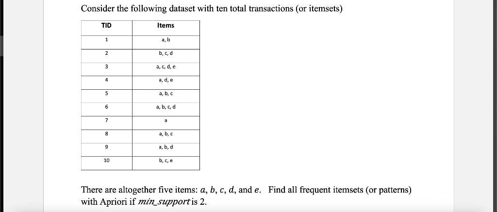 Consider the following dataset with ten total transactions (or itemsets)
TID
Items
1
а, b
b, c, d
3
а, с, d, e
4
a, d, e
5
a, b, c
a, b, c, d
a
a, b, c
a, b, d
10
b, c, e
There are altogether five items: a, b, c, d, and e. Find all frequent itemsets (or patterns)
with Apriori if min_support is 2.
