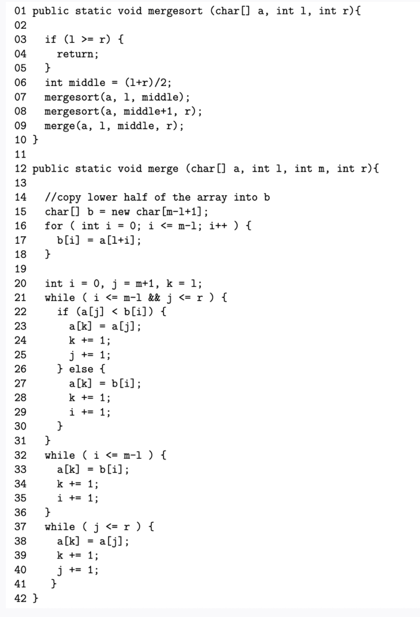 01 public static void mergesort (char[] a, int 1, int r){
02
03
if (1 >= r) {
04
return;
05
}
int middle = (1+r)/2;
mergesort(a, 1, middle);
mergesort(a, middle+1, r);
merge(a, 1, middle, r);
10 }
06
07
08
09
11
12 public static void merge (char[] a, int l, int m, int r){
13
//copy lower half of the array into b
char [] b = new char[m-1+1];
for ( int i = 0; i <= m-l; i++ ) {
b[i] =
}
14
15
16
17
a[1+i];
18
19
= m+1, k = 1;
while ( i <= m-l && j <= r ) {
0, j
20
int i =
21
22
if (a[j] < b[i]) {
23
a [k]
alj);
24
k += 1;
j += 1;
} else {
a [k]
25
26
27
= b[i];
28
k += 1;
29
i += 1;
}
}
30
31
while ( i <= m-l ) {
b[i];
32
33
a [k]
34
k += 1;
35
i += 1;
36
}
while ( j <= r ) {
alj];
37
38
a[k]
39
k += 1;
40
j += 1;
}
41
42 }
