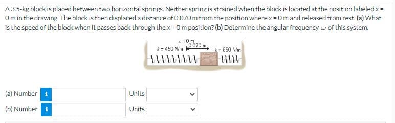 A 3.5-kg block is placed between two horizontal springs. Neither spring is strained when the block is located at the position labeled x =
Om in the drawing. The block is then displaced a distance of 0.070 m from the position where x = 0 m and released from rest. (a) What
is the speed of the block when it passes back through the x = 0 m position? (b) Determine the angular frequency w of this system.
(a) Number i
(b) Number i
Units
Units
x=0m
0.070 m
k = 450 N/m
/////////
k=650 N/m