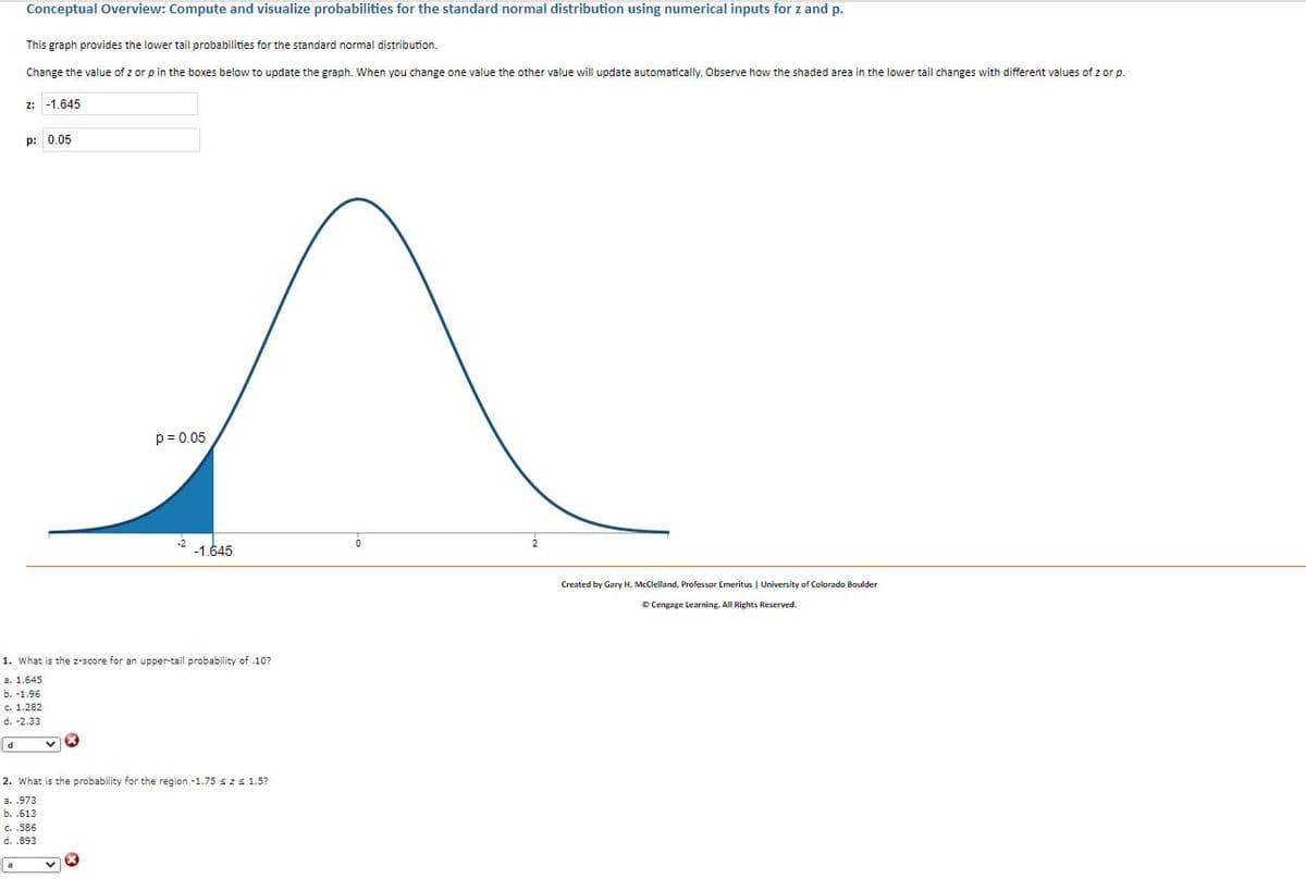 ### Conceptual Overview: Compute and visualize probabilities for the standard normal distribution using numerical inputs for z and p.

This graph provides the lower tail probabilities for the standard normal distribution.

Change the value of z or p in the boxes below to update the graph. When you change one value, the other value will update automatically. Observe how the shaded area in the lower tail changes with different values of z or p.

#### Input Fields:
- **z:** -1.645
- **p:** 0.05

#### Graph Explanation:
The graph is a standard normal distribution curve (bell curve) centered at 0. The x-axis ranges from approximately -3 to 3. The shaded area on the left side of the curve represents the lower tail probability which corresponds to p = 0.05. The z-score at the edge of the shaded region is marked as -1.645.

#### Questions:

1. **What is the z-score for an upper-tail probability of .10?**
   - a. 1.645
   - b. 1.96
   - c. 1.282
   - d. 2.33
   - **Selected Answer:** d

2. **What is the probability for the region -1.75 ≤ z ≤ 1.5?**
   - a. .973
   - b. .613
   - c. .586
   - d. .893
   - **Selected Answer:** d

#### Authors and Credits:
- **Created by:** Gary H. McClelland, Professor Emeritus, University of Colorado Boulder
- **© Cengage Learning. All Rights Reserved.**