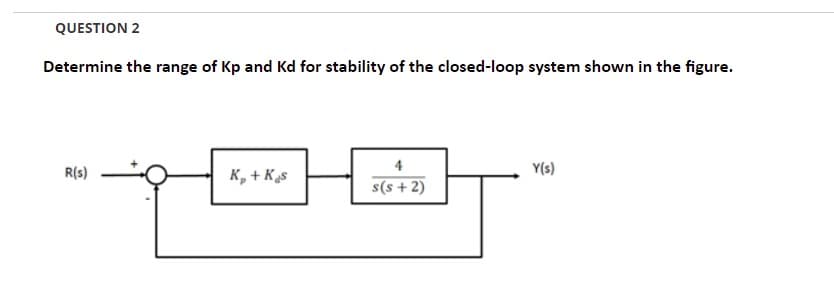 QUESTION 2
Determine the range of Kp and Kd for stability of the closed-loop system shown in the figure.
R(s)
K, + Ks
4
Y(s)
s(s + 2)
