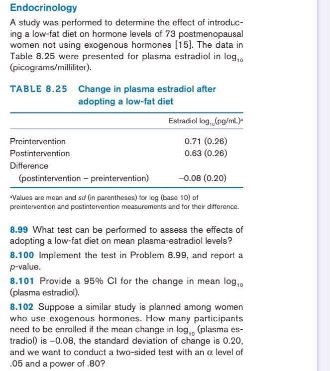 A study was performed to determine the effect of introduc-
ing a low-fat diet on hormone levels of 73 postmenopausal
women not using exogenous hormones [15]. The data in
Table 8.25 were presented for plasma estradiol in log,
(picograms/milliliter).
TABLE 8.25 Change in plasma estradiol after
adopting a low-fat diet
Estradiol log,(pg/mL
0.71 (0.26)
0.63 (0.26)
Preintervention
Postintervention
Difference
(postintervention – preintervention)
-0.08 (0.20)
Values are mean and sd (in parentheses) for log (base 10) of
preintervention and postintervention measurements and for their difference.
8.99 What test can be performed to assess the effects of
adopting a low-fat diet on mean plasma-estradiol levels?
8.100 Implement the test in Problem 8.99, and report a
p-value.
8.101 Provide a 95% CI for the change in mean log,0
(plasma estradiol).
