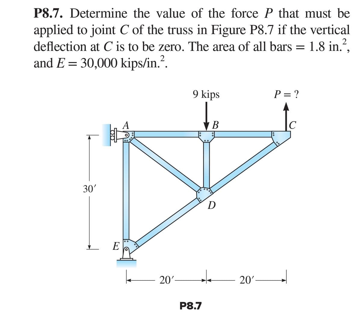 P8.7. Determine the value of the force P that must be
applied to joint C of the truss in Figure P8.7 if the vertical
deflection at C is to be zero. The area of all bars = 1.8 in.²,
and E= 30,000 kips/in.².
2
30'
E
A
20'-
9 kips
Co
00
P8.7
00
B
D
↓
20'
P = ?
°。
C