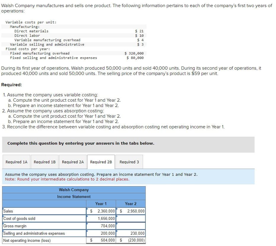 Walsh Company manufactures and sells one product. The following information pertains to each of the company's first two years of
operations:
Variable costs per unit:
Manufacturing:
Direct materials
Direct labor
Variable manufacturing overhead
Variable selling and administrative
Fixed costs per year:
$ 21
$
10
$ 4
$ 3
Fixed manufacturing overhead
Fixed selling and administrative expenses
$ 320,000
$ 80,000
During its first year of operations, Walsh produced 50,000 units and sold 40,000 units. During its second year of operations, it
produced 40,000 units and sold 50,000 units. The selling price of the company's product is $59 per unit.
Required:
1. Assume the company uses variable costing:
a. Compute the unit product cost for Year 1 and Year 2.
b. Prepare an income statement for Year 1 and Year 2.
2. Assume the company uses absorption costing:
a. Compute the unit product cost for Year 1 and Year 2.
b. Prepare an income statement for Year 1 and Year 2.
3. Reconcile the difference between variable costing and absorption costing net operating income in Year 1.
Complete this question by entering your answers in the tabs below.
Required 1A Required 1B Required 2A Required 2B Required 3
Assume the company uses absorption costing. Prepare an income statement for Year 1 and Year 2.
Note: Round your intermediate calculations to 2 decimal places.
Walsh Company
Income Statement
Year 1
Year 2
Sales
Cost of goods sold
Gross margin
Selling and administrative expenses
Net operating income (loss)
$ 2,360,000 $2,950,000
1,656,000
704,000
200,000
230,000
504,000 $ (230,000)