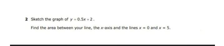 2 Sketch the graph of y = 0.5x +2.
Find the area between your line, the x-axis and the lines x = 0 and x = 5.
