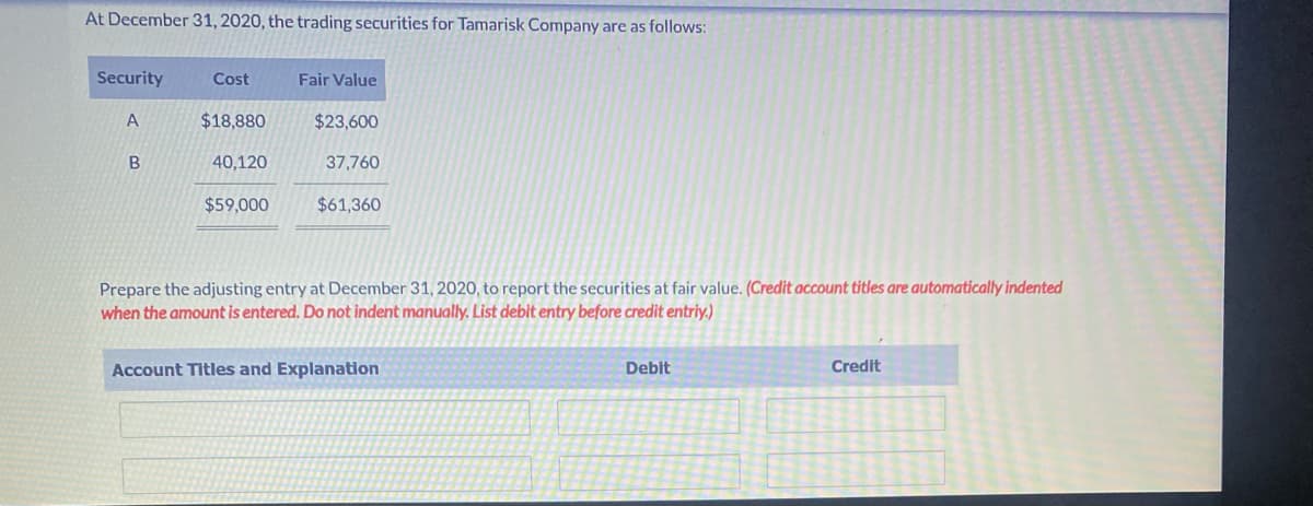 At December 31, 2020, the trading securities for Tamarisk Company are as follows:
Security
Cost
Fair Value
A
$18,880
$23,600
B
40,120
37,760
$59,000
$61,360
Prepare the adjusting entry at December 31, 2020, to report the securities at fair value. (Credit account titles are automatically indented
when the amount is entered. Do not indent manually. List debit entry before credit entriy.)
Account Titles and Explanation
Debit
Credit