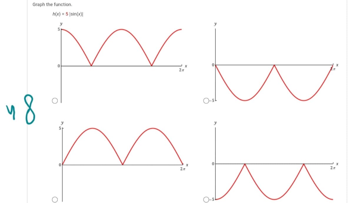 Graph the function.
h(x) = 5 |sin(x)|
48
)-5L
y
