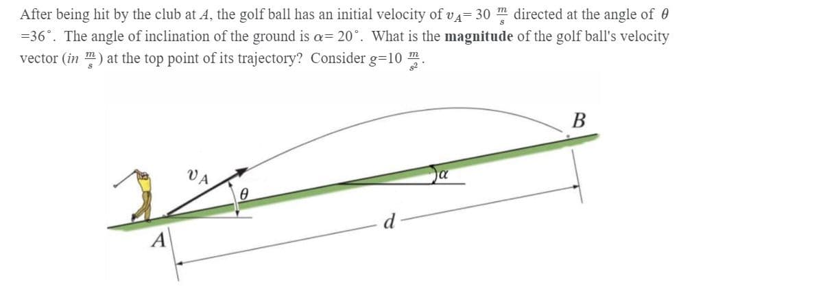 After being hit by the club at A, the golf ball has an initial velocity of vA= 30 directed at the angle of 0
=36°. The angle of inclination of the ground is a= 20°. What is the magnitude of the golf ball's velocity
vector (in m) at the top point of its trajectory? Consider g=10 m
В
d
A
