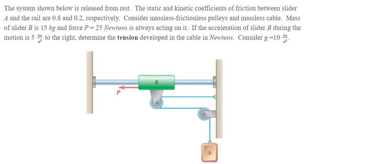 The system shown below is released from rest. The static and kinetic coefficients of friction between slider
A and the rail are 0.8 and 0.2, respectively. Consider massless-frictionless pulleys and massless cable. Mass
of slider B is 15 kg and force P= 25 Newtons is always acting on it. If the acceleration of slider B during the
motion is 5 m to the right, determine the tension developed in the cable in Newtons. Consider g =10 m.
