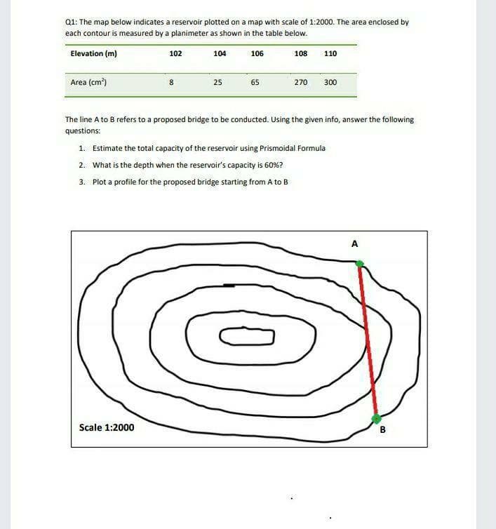 Q1: The map below indicates a reservoir plotted on a map with scale of 1:2000. The area enclosed by
each contour is measured by a planimeter as shown in the table below.
Elevation (m)
102
104
106
108
110
Area (cm')
8.
25
65
270
300
The line A to B refers to a proposed bridge to be conducted. Using the given info, answer the following
questions:
1. Estimate the total capacity of the reservoir using Prismoidal Formula
2. What is the depth when the reservoir's capacity is 60%?
3. Plot a profile for the proposed bridge starting from A to B
A
Scale 1:2000
