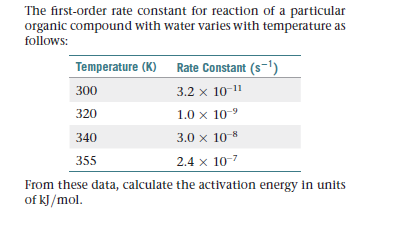 The first-order rate constant for reaction of a particular
organic compound with water varies with temperature as
follows:
Temperature (K) Rate Constant (s-1)
300
3.2 x 10-11
320
1.0 x 10-9
340
3.0 x 10-8
355
2.4 x 10-7
From these data, calculate the activation energy in units
of kJ/mol.
