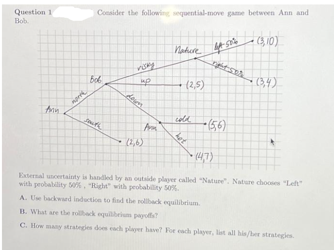 Question 1
Bob.
Ann
north
Consider the following sequential-move game between Ann and
Вов
south
visky
ир
down
(2,6)
Ann
Nature left 50%
(2,5)
cold
hot
left 50% (3,10)
right 50%
(56)
(3,4)
(4,7)
External uncertainty is handled by an outside player called "Nature". Nature chooses "Left"
with probability 50%, "Right" with probability 50%.
A. Use backward induction to find the rollback equilibrium.
B. What are the rollback equilibrium payoffs?
C. How many strategies does each player have? For each player, list all his/her strategies.