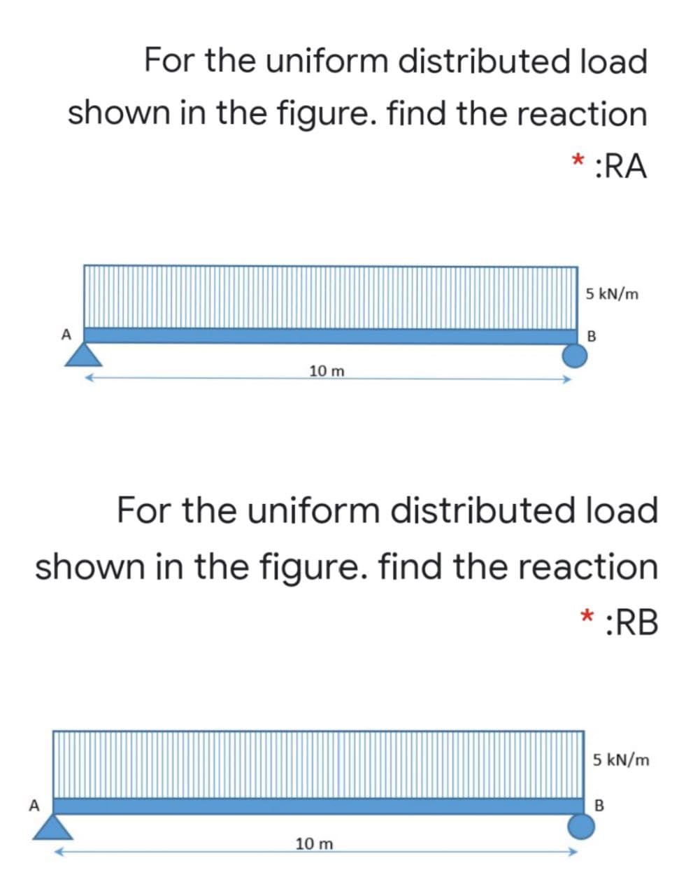 For the uniform distributed load
shown in the figure. find the reaction
* :RA
5 kN/m
B
10 m
For the uniform distributed load
shown in the figure. find the reaction
:RB
5 kN/m
A
B
10 m
