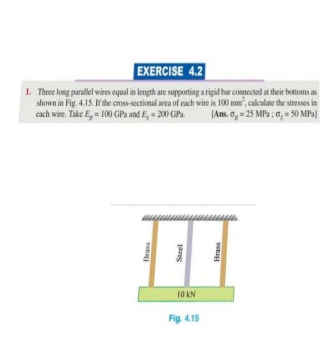 EXERCISE 4.2
1. Three long parallel wires equal in length are supporting a rigid bar connected at their bottoms as
shown in Fig. 4.15. If the cross-sectional area of each wire is 100 mm, calculate the stresses in
cach wire. Take E, = 100 GPa and E, = 200 GPa.
(Ans. o, 25 MPa ; 0, = 50 MPa]
10 kN
Fig. 4.15
Brass
