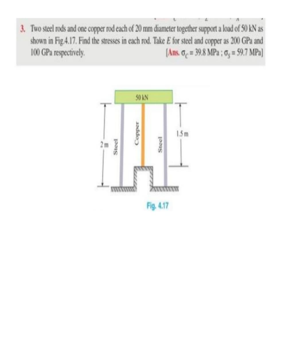 3. Two steel rods and one copper rod each of 20 mm diameter together support a load of 50 kN as
shown in Fig 4.17. Find the stresses in each rod. Take E for steel and copper as 200 GPa and
100 GPa respectively.
(Ans. o = 39.8 MPa ; 0, = 59.7 MPa]
50 kN
1.5 m
Fig. 4.17
Steel
Copper
Steel
