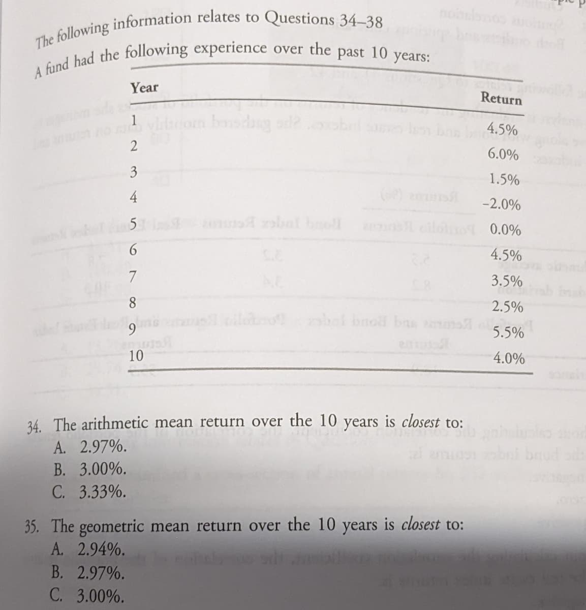 A fund had the following experience over the past 10 years:
nobulonos
Year
Return
hasdsg
4.5%
2
6.0%
3
1.5%
4
G) e
-2.0%
5 n obal boll cilo 0.0%
4.5%
7
3.5%
8
2.5%
o leo bal bnod bas ma le
5.5%
10
4.0%
34. The arithmetic mean return over the 10 years is closest to:
A. 2.97%.
B. 3.00%.
C. 3.33%.
35. The geometric mean return over the 10 years is closest to:
A. 2.94%.
B. 2.97%.
C. 3.00%.
