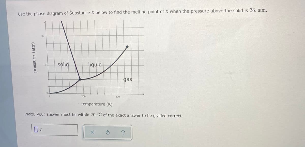 Use the phase diagram of Substance X below to find the melting point of X when the pressure above the solid is 26. atm.
32
solid
liquid
16.
gas
0.
200
400
temperature (K)
Note: your answer must be within 20 °C of the exact answer to be graded correct.
pressure (atm)
