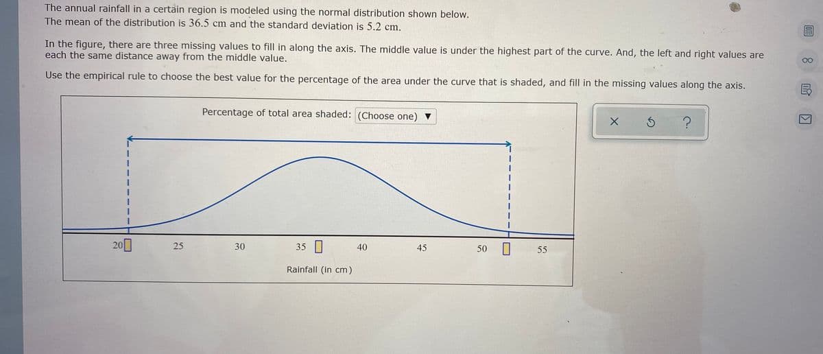 ### Annual Rainfall Distribution in a Region

#### Overview
The annual rainfall in a certain region is modeled using the normal distribution, as depicted below. The mean of the distribution is 36.5 cm, and the standard deviation is 5.2 cm.

In the graphical representation, three values are missing along the axis. The middle value is under the highest part of the curve. The left and right values are each the same distance away from the middle value.

Use the empirical rule to determine the best value for the percentage of the area under the curve that is shaded, and fill in the missing values along the axis.

### Graph Analysis

**Graph Description:**
The graph shows a normal distribution curve (bell curve) representing the annual rainfall. The horizontal axis represents rainfall (in cm), and the vertical axis is not labeled but typically would represent frequency or probability density.

**Key Points on the Graph:**
- Mean (µ) = 36.5 cm (center of the bell curve).
- Standard Deviation (σ) = 5.2 cm.

**Missing Values:**
Three values need to be identified on the horizontal axis:
- The value under the highest part of the curve (mean value) is already given as 36.5 cm.
- The other two missing values are at equal distances to the left and right of the mean.

**Range Identification using Empirical Rule:**
The empirical rule (68-95-99.7 rule) helps understand where data falls in a normal distribution:
- About 68% of values fall within 1 standard deviation from the mean.
- About 95% of values fall within 2 standard deviations from the mean.
- About 99.7% of values fall within 3 standard deviations from the mean.

**Detailed Diagram Explanation:**
The diagram includes a shaded portion under the curve. The chosen percentage of the total area shaded needs to be determined from a dropdown list (suggesting options for 68%, 95%, or 99.7%).

**Predicting the Missing Values:**
Using the mean (36.5) and standard deviation (5.2):
- To get the values which are within 1 standard deviation:
  - Mean ± 1σ: 36.5 ± 5.2, resulting in approximately 31.3 cm to 41.7 cm.
- To get the values which are within 2 standard deviations:
  - Mean ± 2σ: