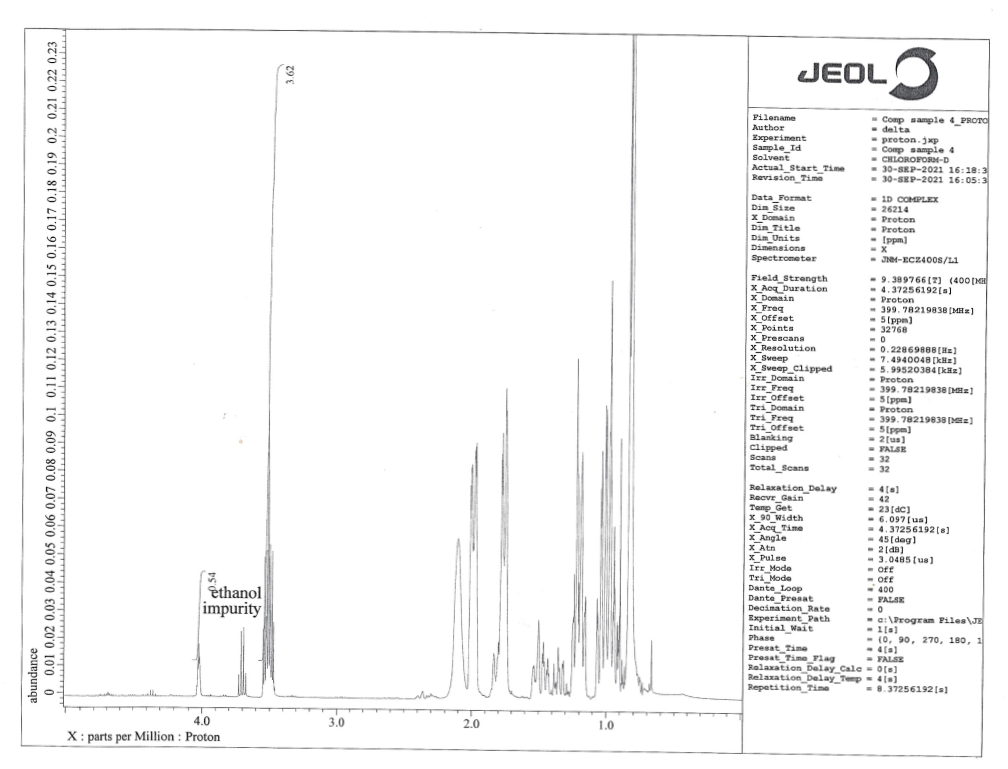 S(ppm)
JEOLO
Filename
Author
Experiment
Sample_Id
Solvent
Actual_Start_Time
Revision Time
- Comp sample 4_PROTO
- delta
- proton.jxp
- Comp sample 4
- CHLOROFORM-D
- 30-SEP-2021 16:18:3
- 30-SEP-2021 16:05:3
Data Format
Din Size
X Domain
Din Title
Dim Unita
Dimenaions
Spectrometer
- 1D COMPLEX
- 26214
- Proton
- Proton
- [ppm)
- JNM-ECZ400S/L1
Field Strength
X_Aoq Duration
X_Domain
X_Freq
x Offset
X_Pointa
x_Prescans
X_Resolution
X_Sweep
X_Sveep_ClipPped
IEE Domain
Irr Freq
Irr offset
Tri Domain
Tri Preq
Tri Offset
Blanking
Clipped
Scana
- 9. 389766 (2) (400 (M
- 4.37256192[a)
- Proton
- 399. 78219838 (MH)
- 5(ppm)
- 32768
- 0.22869888[Hz)
- 7.4940048 (kHa)
- 5.99520384 (kHz)
- Proton
- 399. 78219838 (Mz)
- S(ppm)
- Proton
- 399. 78219838 (MEz)
- Stppm]
- 2[us)
- FALSE
- 32
- 32
Total_Scans
Relaxation Delay
Recve Gain
Tanp Get
x 90 Width
X
X Acq Time
X_Angle
X_Atn
* Pulse
Irr Mode
Tri Mode
Dante Loop
Dante Presat
Decimation_Rate
Experiment Path
Initial Wait
Phase
- 4[0]
- 42
- 23[dc)
- 6.097 (ua)
- 4.37256192[8]
- 45(deg)
- 2[dB]
- 3.0485 (us)
- off
- off
- 400
- PALSE
êthanol
impurity
- e: \Program Piles\JE
- (0, 90, 270, 180, 1
Presat Time
Presat Time Flag
Ralaxation Delay Cale = O(e)
Relaxation Delay Temp- 4(]
Repatition Time
- FALSE
= 8.37256192 (s]
4.0
3.0
2.0
1.0
X: parts per Million : Proton
abundance
0 0.01 0.02 0.03 0.04 0.05 0.06 0.07 0.08 0.09 0,1 0.11 0.12 0.13 0.14 0.15 0.16 0.17 0.18 0.19 0.2 0.21 0.22 0.23
3.62
