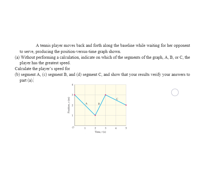 A tennis player moves back and forth along the baseline while waiting for her opponent
to serve, producing the position-versus-time graph shown.
(a) Without performing a calculation, indicate on which of the segments of the graph, A, B, or C, the
player has the greatest speed.
Calculate the player's speed for
(b) segment A, (c) segment B, and (d) segment C, and show that your results verify your answers to
part (a).
B
1
2
3
Time, 1 (s)
Position, x (m)
