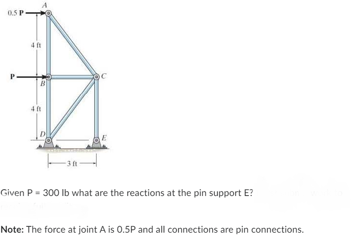 0.5 P.
P
A
4 ft
4 ft
1-30-
-3 ft
SOC
IST
Given P = 300 lb what are the reactions at the pin support E?
Note: The force at joint A is 0.5P and all connections are pin connections.