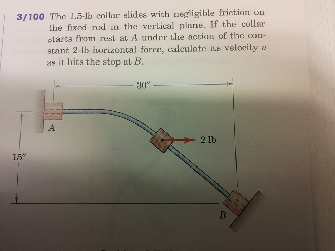 3/100 The 1.5-lb collar slides with negligible friction on
the fixed rod in the vertical plane. If the collar
starts from rest at A under the action of the con-
stant 2-lb horizontal force, calculate its velocity v
as it hits the stop at B.
30"
A
2 lb
15"
B