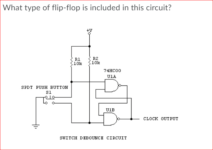 What type of flip-flop is included in this circuit?
R1
10k
R2
10k
74HC00
UlA
SPDT PUSH BUTTON
si
U1B
CLOCK OUTPUT
SWITCH DEBOUNCE CIRCUIT
