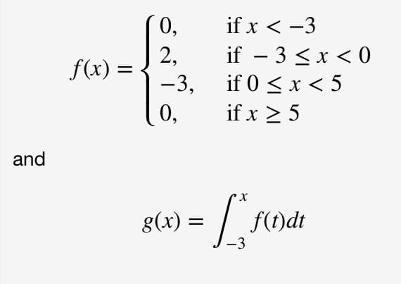 if x < -3
0,
if – 3 <x < 0
if 0 < x < 5
if x > 5
2,
f(x) =
-3,
-
0,
and
g(x) =
%3D
-3
