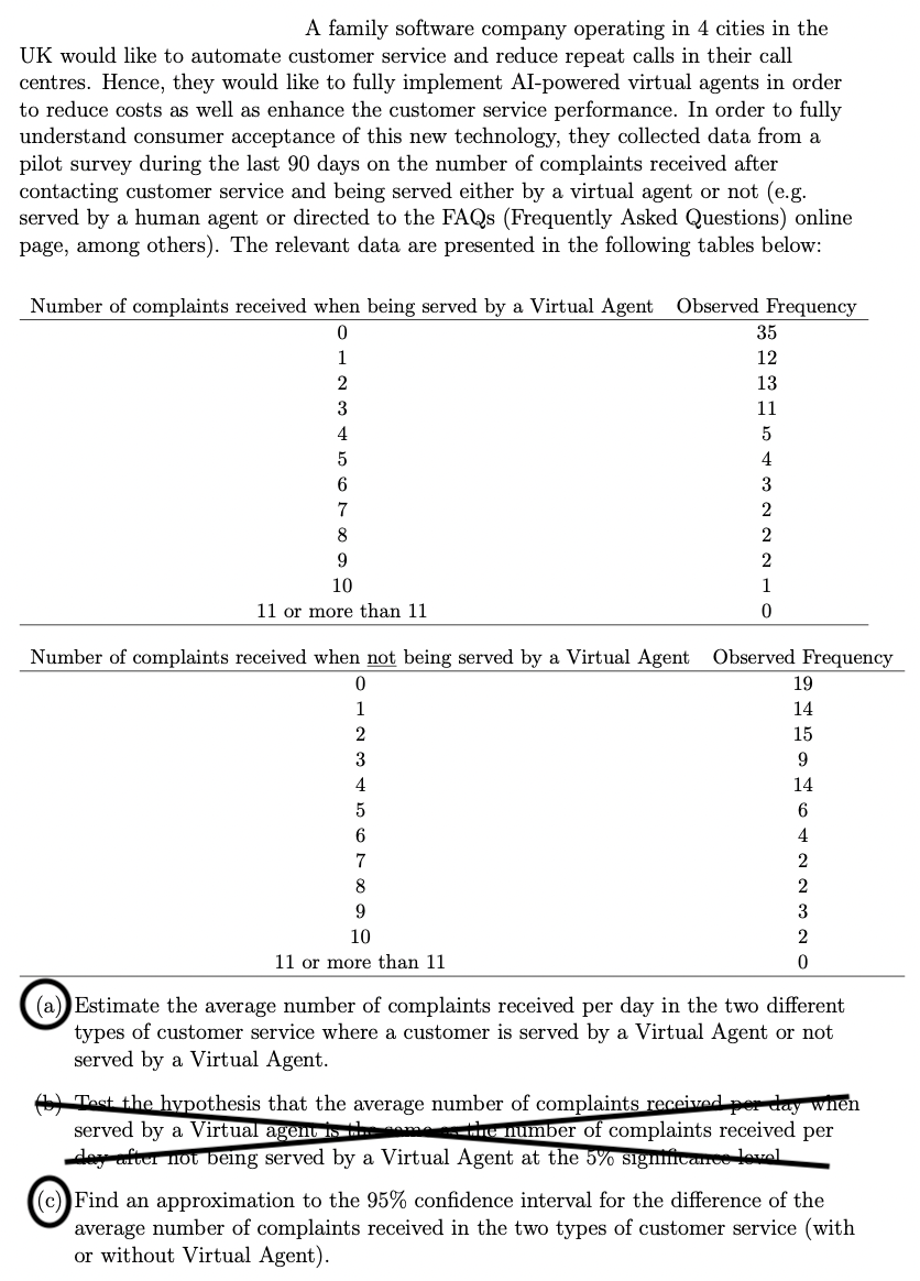 A family software company operating in 4 cities in the
UK would like to automate customer service and reduce repeat calls in their call
centres. Hence, they would like to fully implement AI-powered virtual agents in order
to reduce costs as well as enhance the customer service performance. In order to fully
understand consumer acceptance of this new technology, they collected data from a
pilot survey during the last 90 days on the number of complaints received after
contacting customer service and being served either by a virtual agent or not (e.g.
served by a human agent or directed to the FAQs (Frequently Asked Questions) online
page, among others). The relevant data are presented in the following tables below:
Number of complaints received when being served by a Virtual Agent Observed Frequency
0
1
2
3
4
5
6
7
8
9
10
11 or more than 11
5
6
35
12
13
11
Number of complaints received when not being served by a Virtual Agent Observed Frequency
0
1
2
3
4
7
8
9
10
11 more than 11
5
4
3
2
2
2
1
0
19
14
15
9
14
6
4
2
2
3
2
(a) Estimate the average number of complaints received per day in the two different
types of customer service where a customer is served by a Virtual Agent or not
served by a Virtual Agent.
Test the hypothesis that the average number of complaints received per day when
served by a Virtual agent is the
the number of complaints received per
day after not being served by a Virtual Agent at the 5% significance level
(c) Find an approximation to the 95% confidence interval for the difference of the
average number of complaints received in the two types of customer service (with
or without Virtual Agent).