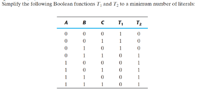 Simplify the following Boolean functions T, and T, to a minimum number of literals:
A
B
1
1
1
1
1
1
1
1
1
1
1
1
1
1
1
1
1
