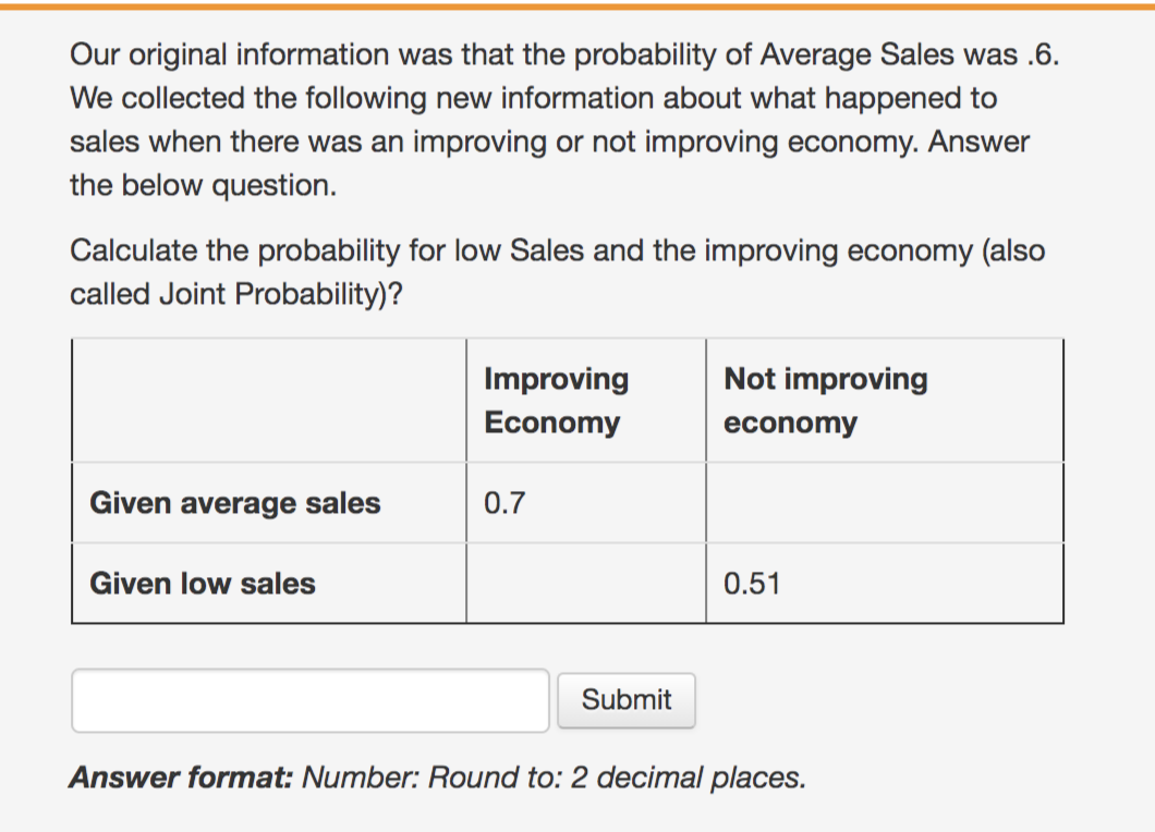 Our original information was that the probability of Average Sales was .6.
We collected the following new information about what happened to
sales when there was an improving or not improving economy. Answer
the below question.
Calculate the probability for low Sales and the improving economy (also
called Joint Probability)?
Improving
Not improving
Economy
economy
Given average sales
0.7
Given low sales
0.51
Submit
Answer format: Number: Round to: 2 decimal places.
