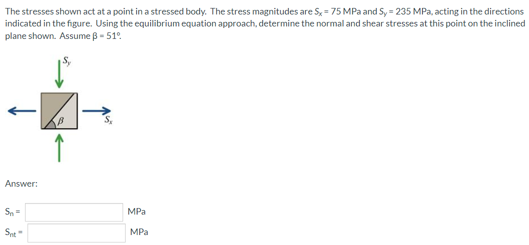 The stresses shown act at a point in a stressed body. The stress magnitudes are Sx = 75 MPa and Sy = 235 MPa, acting in the directions
indicated in the figure. Using the equilibrium equation approach, determine the normal and shear stresses at this point on the inclined
plane shown. Assume B = 51°.
Answer:
Sn =
MPa
Snt =
MPa
