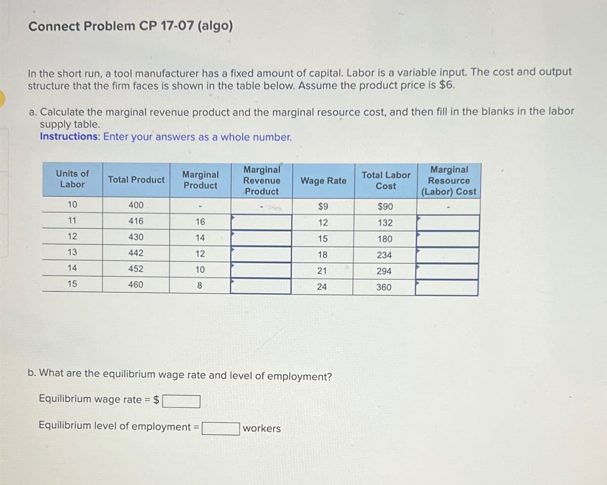 Connect Problem CP 17-07 (algo)
In the short run, a tool manufacturer has a fixed amount of capital. Labor is a variable input. The cost and output
structure that the firm faces is shown in the table below. Assume the product price is $6.
a. Calculate the marginal revenue product and the marginal resource cost, and then fill in the blanks in the labor
supply table.
Instructions:
Enter your answers as a whole number.
Units of
Labor
10
11
12
13
14
15
Total Product
400
416
430
442
452
460
Marginal
Product
16
14
12
10
8
Marginal
Revenue
Product
Wage Rate
workers
$9
12
15
18
21
24
b. What are the equilibrium wage rate and level of employment?
Equilibrium wage rate = $
Equilibrium level of employment:
Total Labor
Cost
$90
132
180
234
294
360
Marginal
Resource
(Labor) Cost