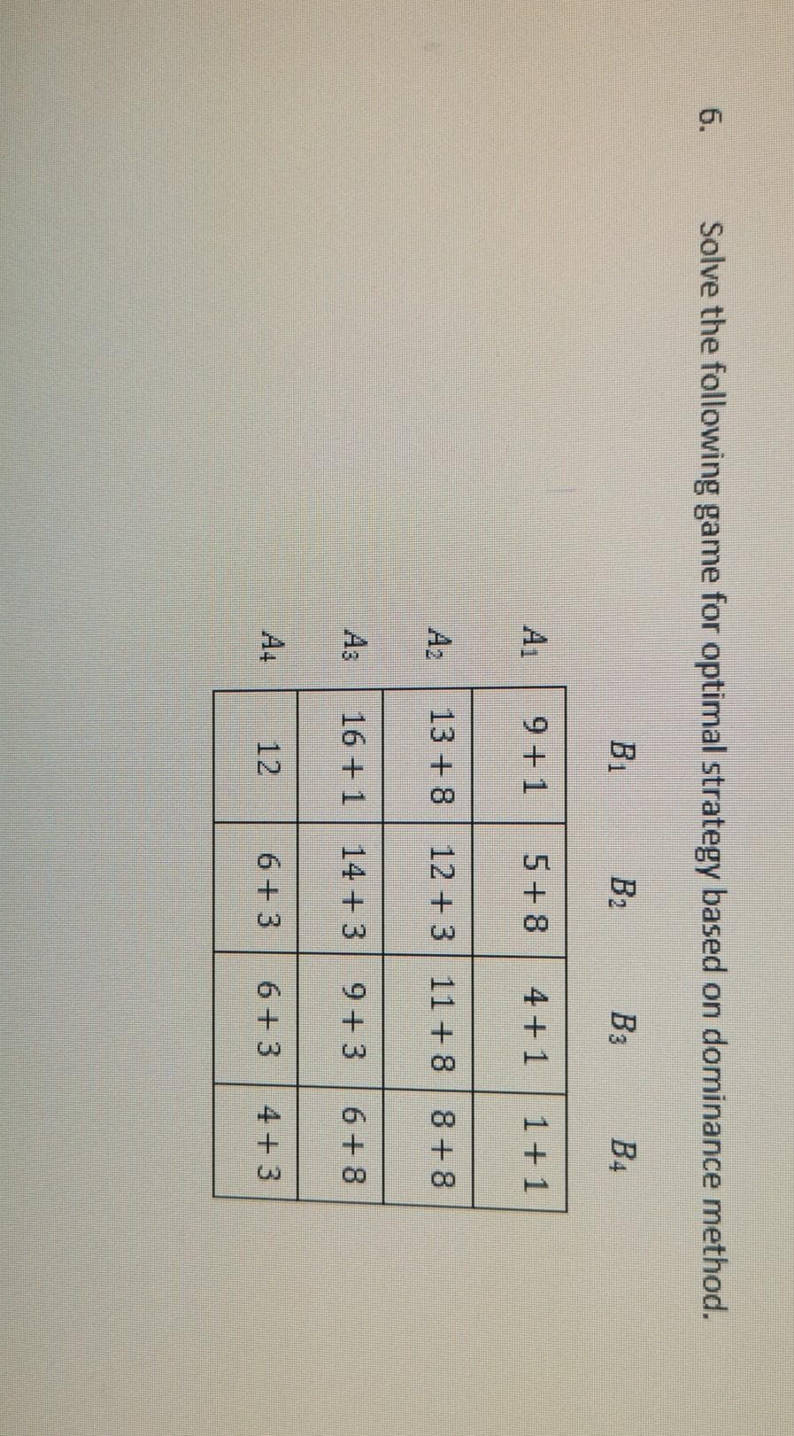 6.
Solve the following game for optimal strategy based on dominance method.
B1
B2
Вз
B4
A1
9 + 1
5+ 8
4+ 1
1+1
A2
13 + 8
12 +3 11+8
8+8
As
16 + 1
14 + 3
9+3
6 +8
A4
12
6 + 3
6+3
4+ 3
