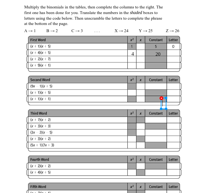 Multiply the binomials in the tables, then complete the columns to the right. The
first one has been done for you. Translate the numbers in the shaded boxes to
letters using the code below. Then unscramble the letters to complete the phrase
at the bottom of the page.
A →1
B- 2
C- 3
х— 24
Y – 25
Z- 26
First Word
x2
Constant
Letter
(x + 1)(x 5)
1.
(X + 4)(x I 5)
4
20
(x + 2)(x + 7)
(x + 9)(x + 1)
Second Word
x2
Constant
Letter
(9x - 1)(x + 5)
(xI 1)(x I 5)
(xI 1)(x I 1)
Third Word
x2
Constant
Letter
(x 1 7ix + 2)
(x + 3)(x + 3)
(3x 2)(x- 5)
(X + 3)(x + 2)
(5x + 1)(7x + 3)
Fourth Word
Constant
Letter
(x 1 2)(x 1 2)
(X 1 4)(x I 5)
Fifth Word
Constant
Letter
1)
