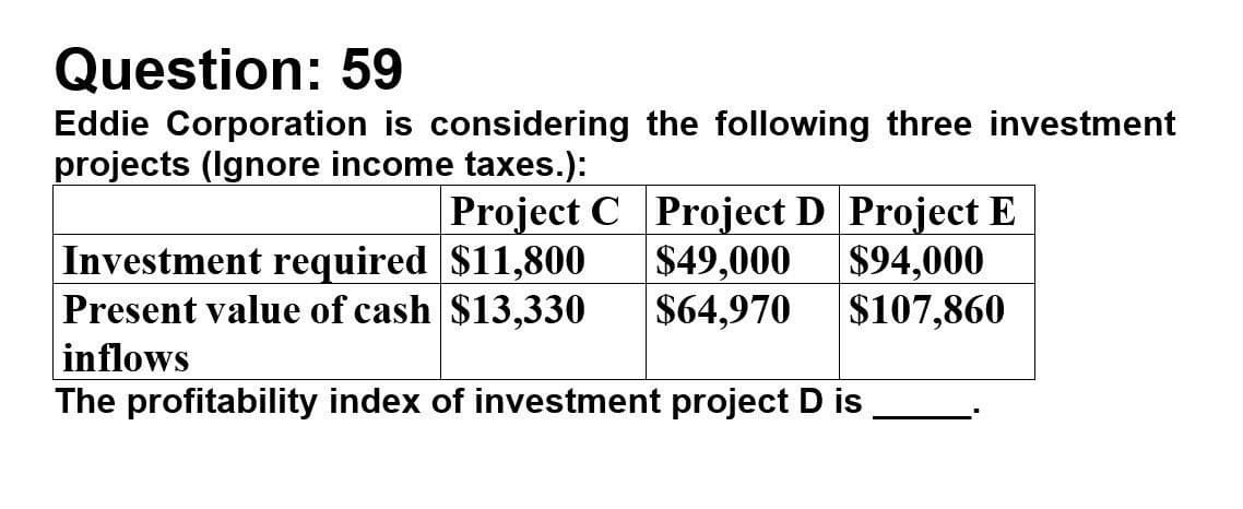 Question: 59
Eddie Corporation is considering the following three investment
projects (Ignore income taxes.):
Project C
Project D Project E
Investment required $11,800
$49,000
$94,000
Present value of cash $13,330
inflows
$64,970
$107,860
The profitability index of investment project D is