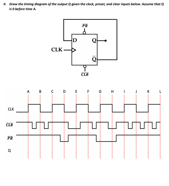 II. Draw the timing diagram of the output Q given the clock, preset, and clear inputs below. Assume that Q
is 0 before time A.
CLK
CLR
PR
CLK
D
A B C D E
PR
d
9
CLR
F
Q
G H