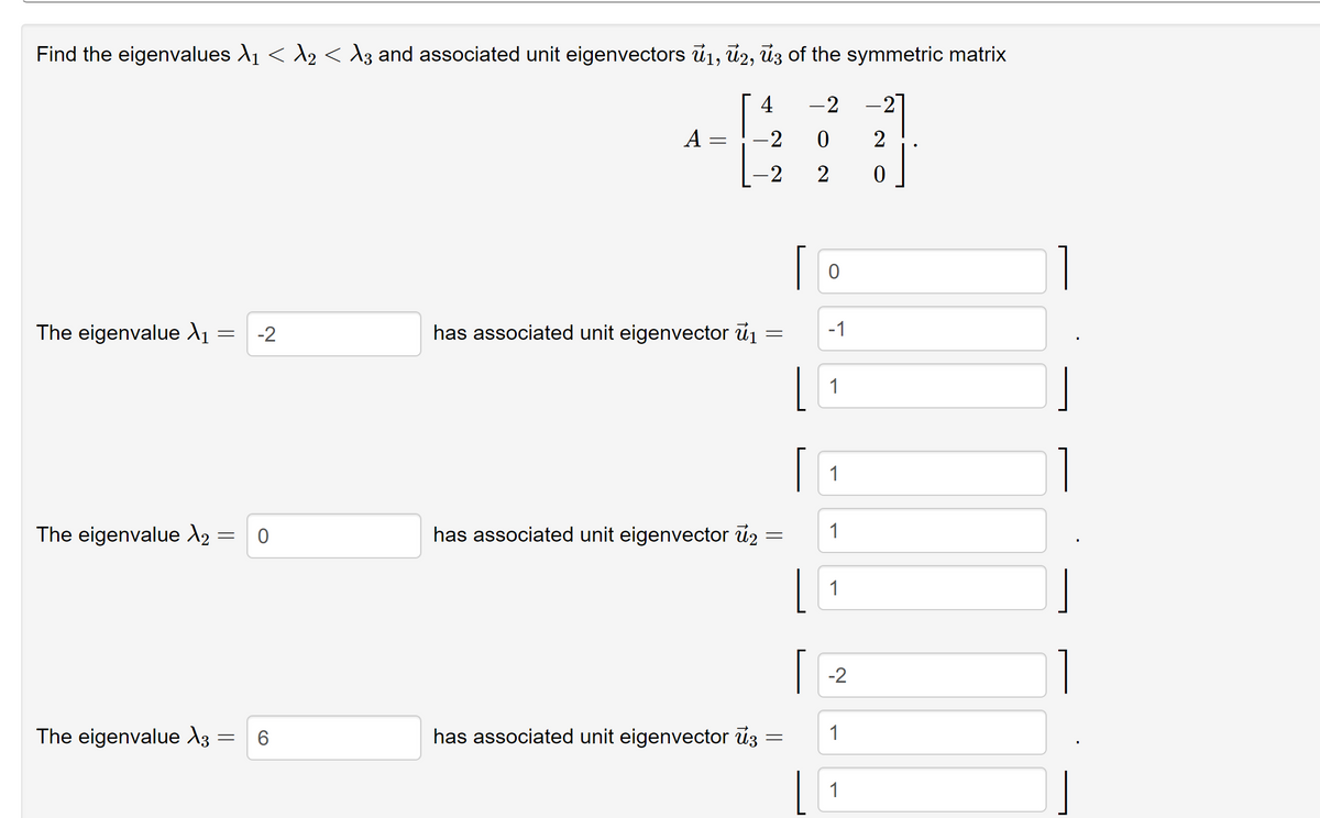 Find the eigenvalues X₁ < λ2 < A3 and associated unit eigenvectors ū1, ū2, ū3 of the symmetric matrix
4
-2 -2
O
2
2
0
The eigenvalue X₁ -2
The eigenvalue X₂
=
=
O
The eigenvalue X3 6
=
A =
-2
-2
has associated unit eigenvector ₁
=
has associated unit eigenvector 2
=
has associated unit eigenvector ū3
=
L
0
-1
1
1
1
1
-2
1
1