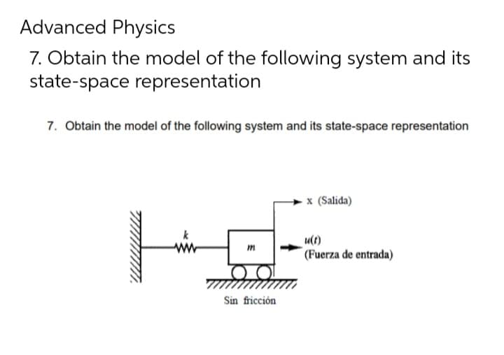 Advanced Physics
7. Obtain the model of the following system and its
state-space representation
7. Obtain the model of the following system and its state-space representation
k
ww
m
Sin fricción
x (Salida)
u(t)
(Fuerza de entrada)