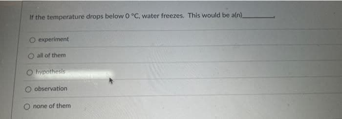 If the temperature drops below 0 °C, water freezes. This would be a(n)_
O experiment
all of them
hypothesis
O observation
O none of them