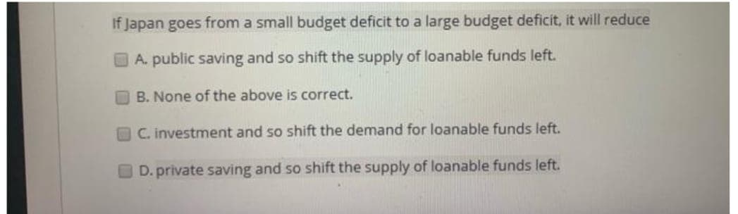 If Japan goes from a small budget deficit to a large budget deficit, it will reduce
A. public saving and so shift the supply of loanable funds left.
B. None of the above is correct.
C. investment and so shift the demand for loanable funds left.
D. private saving and so shift the supply of loanable funds left.