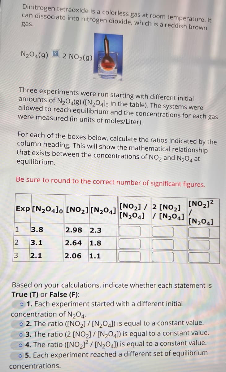 Dinitrogen tetraoxide is a colorless gas at room temperature. It
can dissociate into nitrogen dioxide, which is a reddish brown
gas.
N₂04(9) 2 NO₂(g)
Three experiments were run starting with different initial
amounts of N₂O4(g) ([N2O4lo in the table). The systems were
allowed to reach equilibrium and the concentrations for each gas
were measured (in units of moles/Liter).
For each of the boxes below, calculate the ratios indicated by the
column heading. This will show the mathematical relationship
that exists between the concentrations of NO₂ and N₂O4 at
equilibrium.
Be sure to round to the correct number of significant figures.
1
2
3
Exp [N₂04]0 [NO₂] [N₂04]
3.8
3.1
2.1
2.98 2.3
2.64 1.8
2.06 1.1
[NO₂] / 2 [NO₂]
[N₂04] / [N₂04]
[NO₂]²
[N₂04]
Based on your calculations, indicate whether each statement is
True (T) or False (F):
1. Each experiment started with a different initial
concentration of N₂O4.
2. The ratio ([NO₂] / [N₂O4]) is equal to a constant value.
3. The ratio (2 [NO₂] / [N₂O4]) is equal to a constant value.
4. The ratio ([NO₂]2/[N₂O4]) is equal to a constant value.
5. Each experiment reached a different set of equilibrium
concentrations.