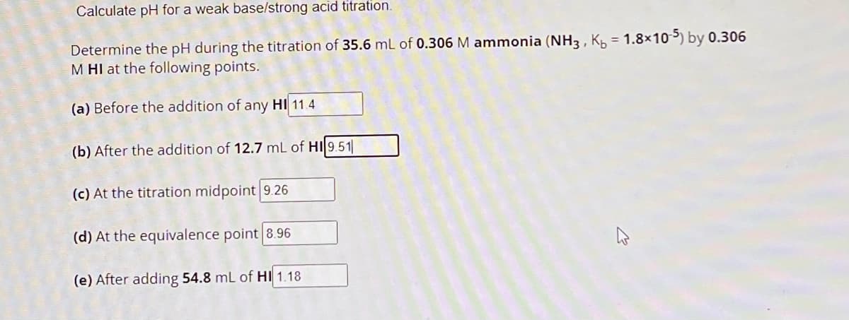 Calculate pH for a weak base/strong acid titration.
Determine the pH during the titration of 35.6 mL of 0.306 M ammonia (NH3, K₁ = 1.8×10-5) by 0.306
M HI at the following points.
(a) Before the addition of any HI 11.4
(b) After the addition of 12.7 mL of HI 9.51
(c) At the titration midpoint 9.26
(d) At the equivalence point 8.96
(e) After adding 54.8 mL of HI 1.18