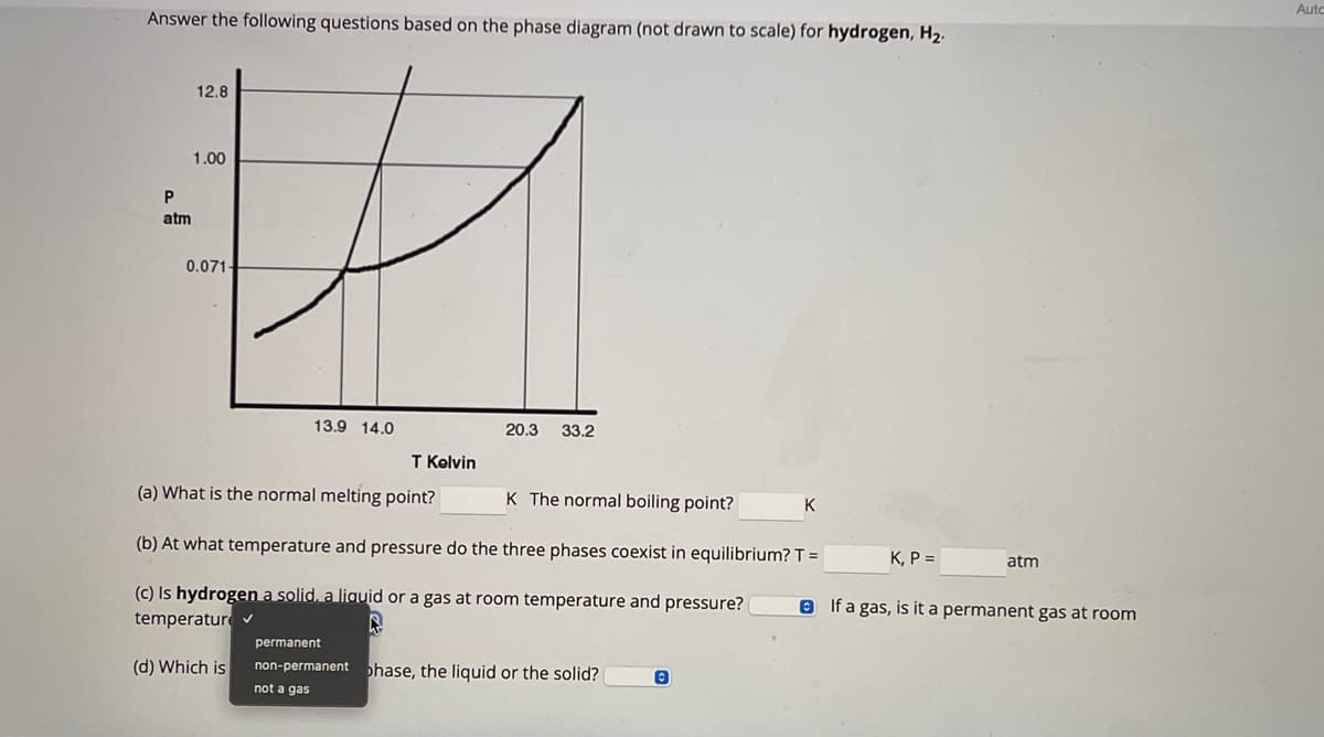 Answer the following questions based on the phase diagram (not drawn to scale) for hydrogen, H₂.
P
atm
12.8
1.00
0.071-
13.9 14.0
(d) Which is
T Kelvin
20.3 33.2
(a) What is the normal melting point?
K The normal boiling point?
(b) At what temperature and pressure do the three phases coexist in equilibrium? T =
(c) Is hydrogen a solid, a liquid or a gas at room temperature and pressure? (
temperature ✓
permanent
non-permanent phase, the liquid or the solid?
not a gas
Ⓒ
K
K, P =
atm
If a gas, is it a permanent gas at room
Autc