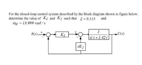 For the closed-loop control system described by the block diagram shown in figure below.
determine the value of K1 and K2 such that = 0.515 and
wa = 13.999 rad/s
R(s) O
s(s+1.42)
sK2
