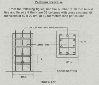 Problem Exercise
From the following figure, find the number of 10 mm lateral
ties and tie wire if there are 36 columns with cross sectional di-
mensions of 60 x 90 cm. at 12.00 meters long per column.
10 - 25 mm main reinforcement
90 m
Lateral Ties
60 m.
CROSS SECTION
.60 m.
FIGURE 3-17
o lo
