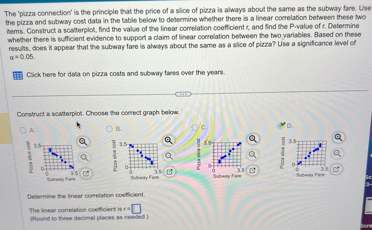 The 'pizza connection' is the principle that the price of a slice of pizza is always about the same as the subway fare. Use
the pizza and subway cost data in the table below to determine whether there is a linear correlation between these two
items. Construct a scatterplot, find the value of the linear correlation coefficient r, and find the P-value of r. Determine
whether there is sufficient evidence to support a claim of linear correlation between the two variables. Based on these
results, does it appear that the subway fare is always about the same as a slice of pizza? Use a significance level of
x=0.05.
Click here for data on pizza costs and subway fares over the years.
Construct a scatterplot. Choose the correct graph below.
A.
Pizza slice cost
3.5-
0-
3.5
0
Subway Fare
B.
3.5-
1st 12:
0
3.5
Subway Fare
Determine the linear correlation coefficient.
The linear correlation coefficient is r=
(Round to three decimal places as needed.)
Pizza slice cost
3.5-
0++
3.5
Q
0
Subway Fare
D.
3.5
Subway Fare
Sc
3-
Scre